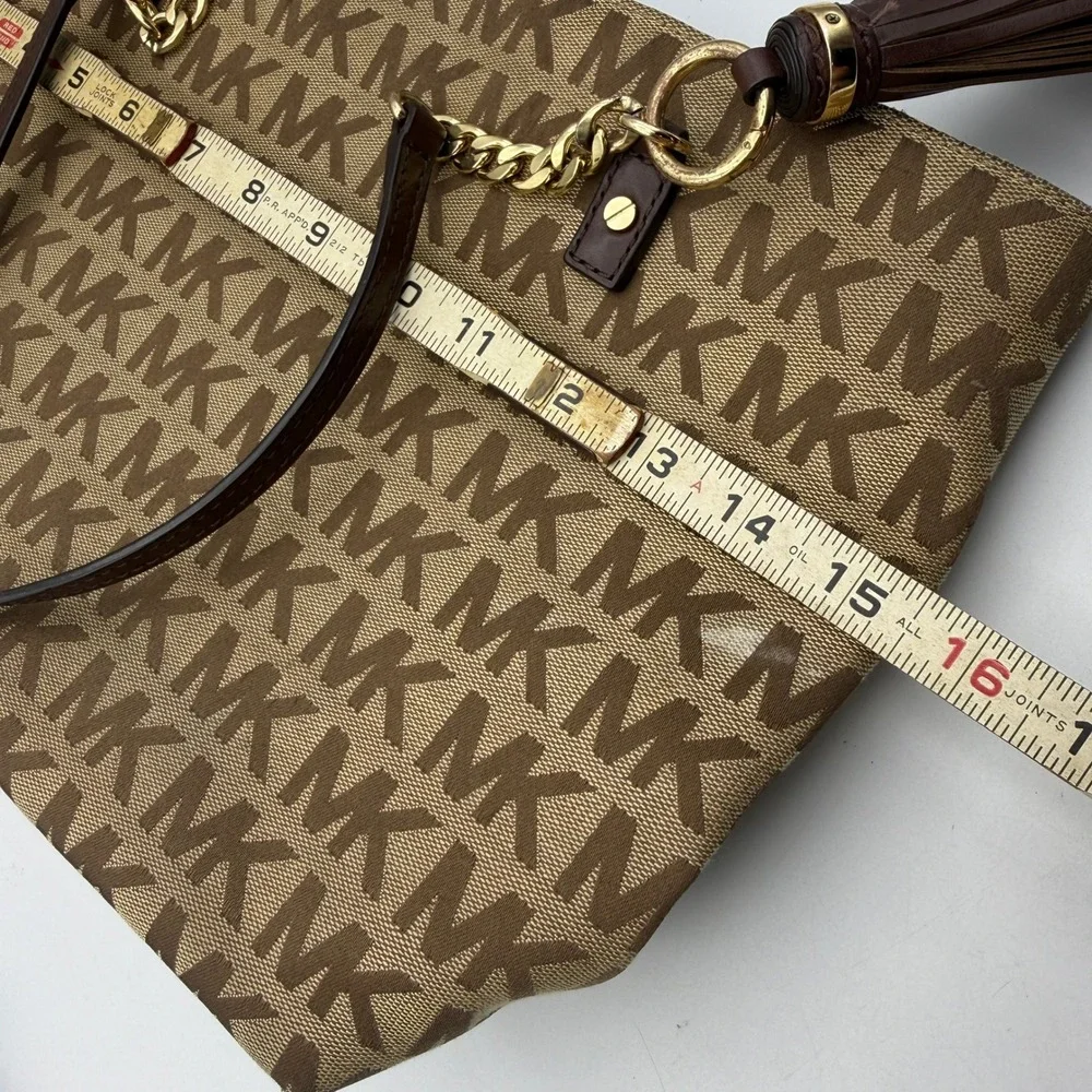 Michael Kors Tote Bag Women Large Brown MK Signature Monogram Canvas Tassel